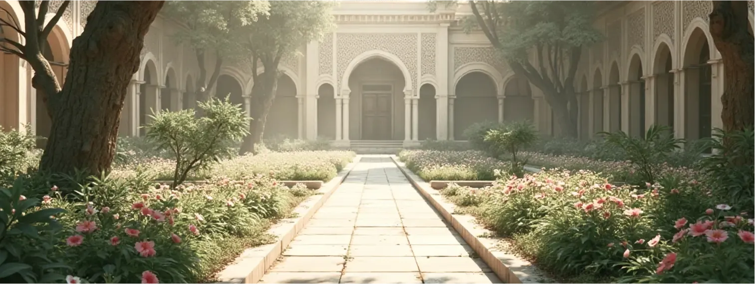A mosque's courtyard garden with flowers, trees, and arched doorways