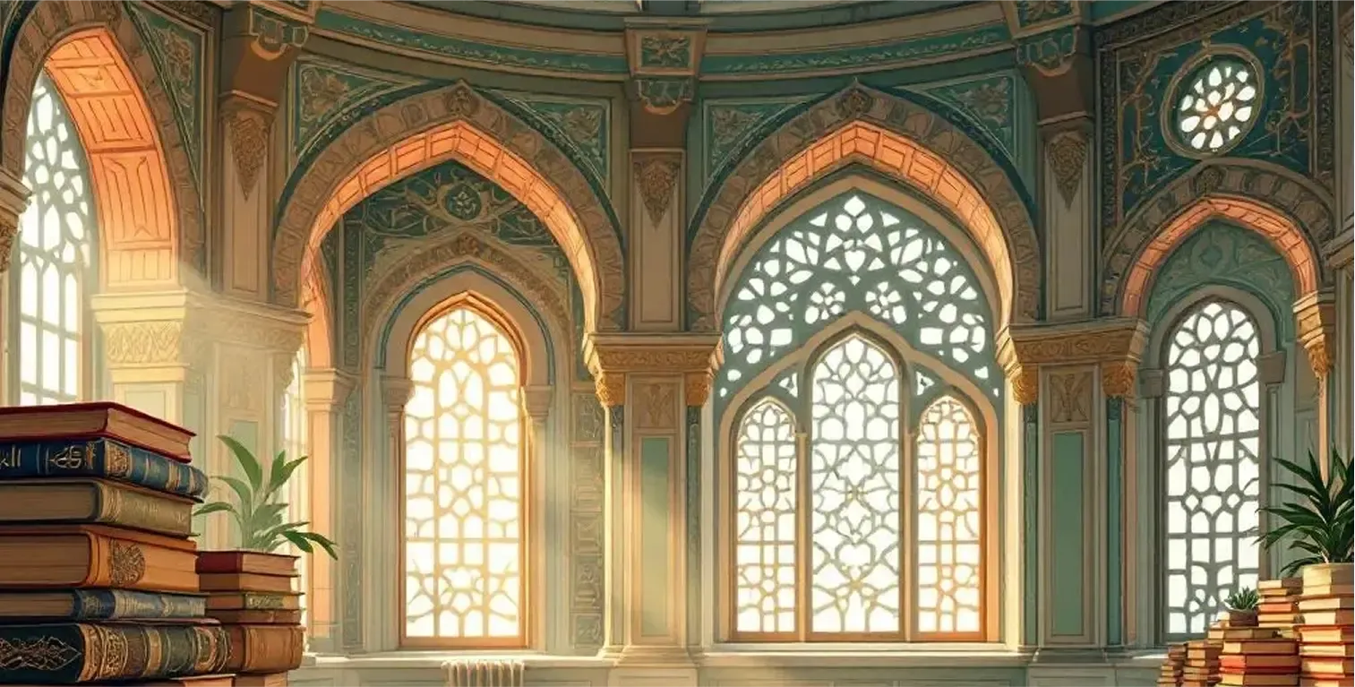 Ornate hall with arched stained windows, sunlight, and stacks of books